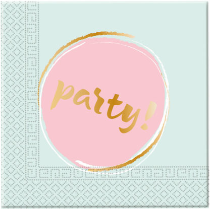 Guardanapo de papel com padrão cinza claro e círculo rosa com texto party!