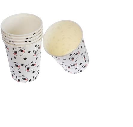 Conjunto de copos descartáveis com padrão de pandas preto e branco