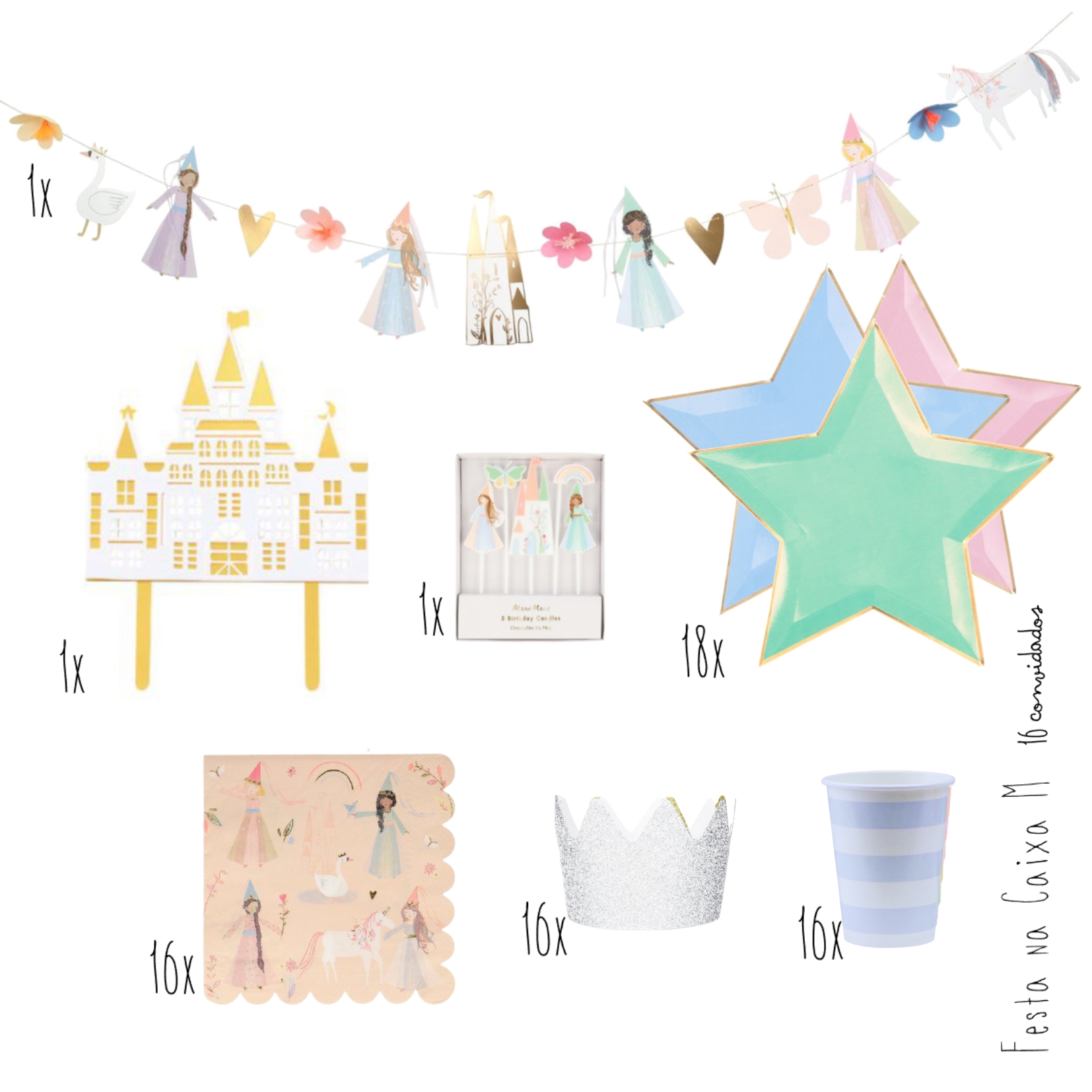 Conjunto de festa com guirlanda, topper, velas, pratos estrela, guardanapos, coroas e copos às riscas