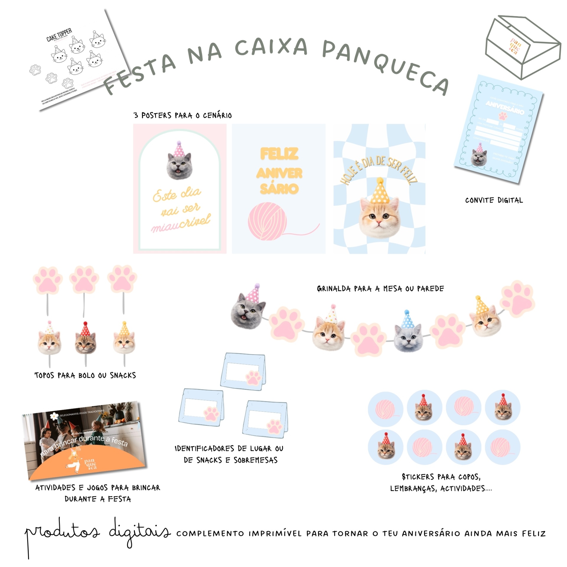 Conjunto digital de festa com temas de gatos, posters, toppers de bolo, convites, etiquetas, grinalda e stickers.