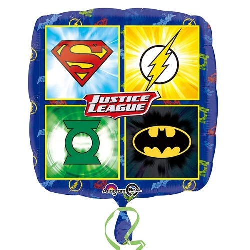 Balão azul quadrado com logos dos super-heróis e texto JUSTICE LEAGUE