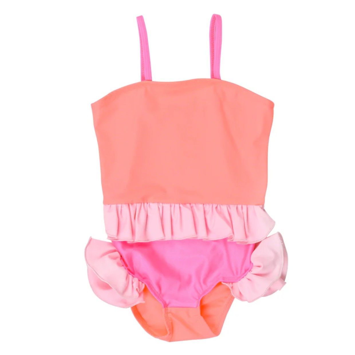 Fato de banho infantil cor de rosa com babados