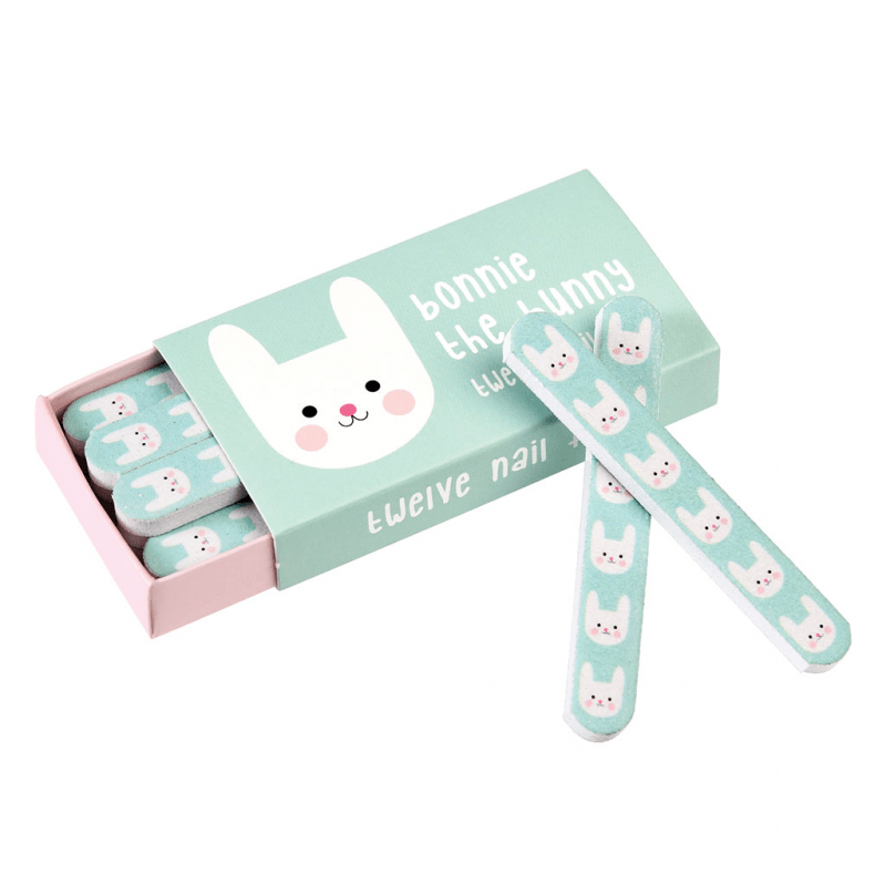 Conjunto de lixas de unha azul claro com desenhos de coelhos e caixa verde-azulado