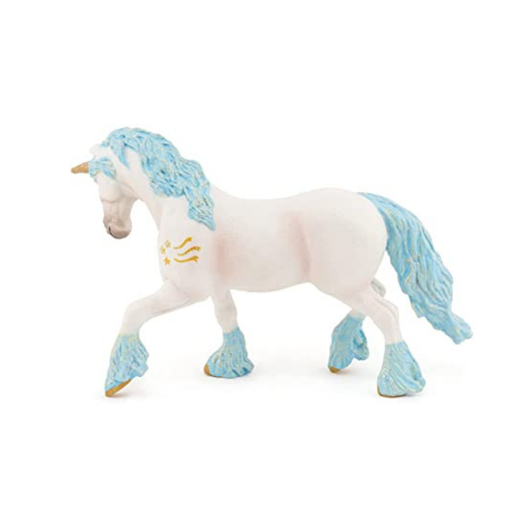 Figurine de cavalo branco com crina azul e detalhes dourados
