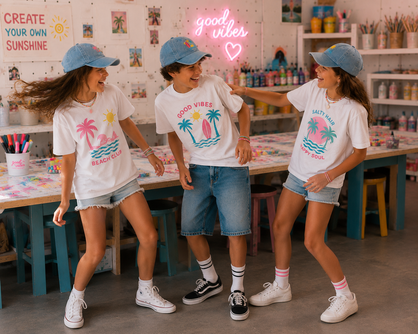 Crianças com t-shirts estampadas tropicais e bonés azuis numa sala de artes colorida