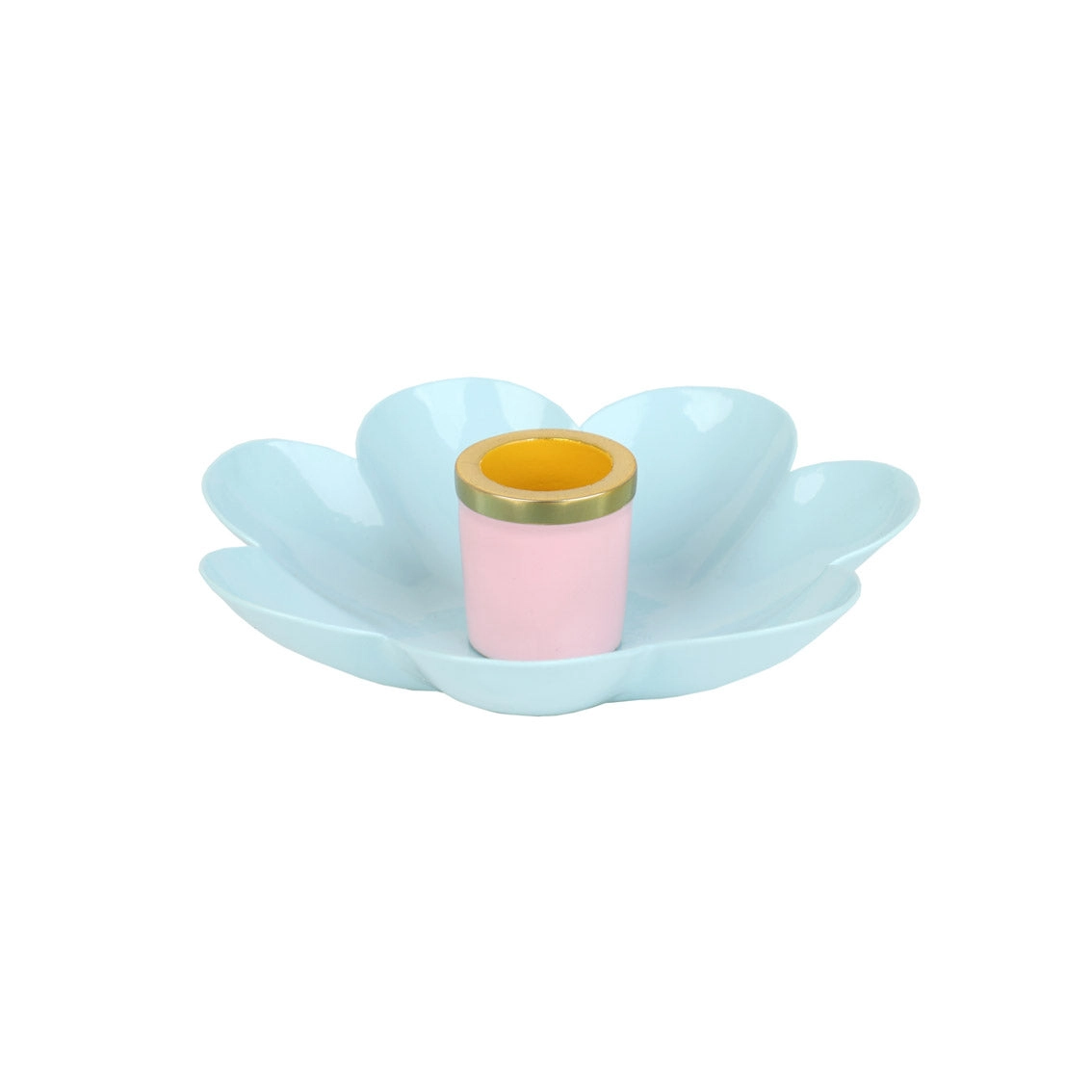 Suporte para vela azul claro em forma de flor com suporte cilíndrico rosa e amarelo