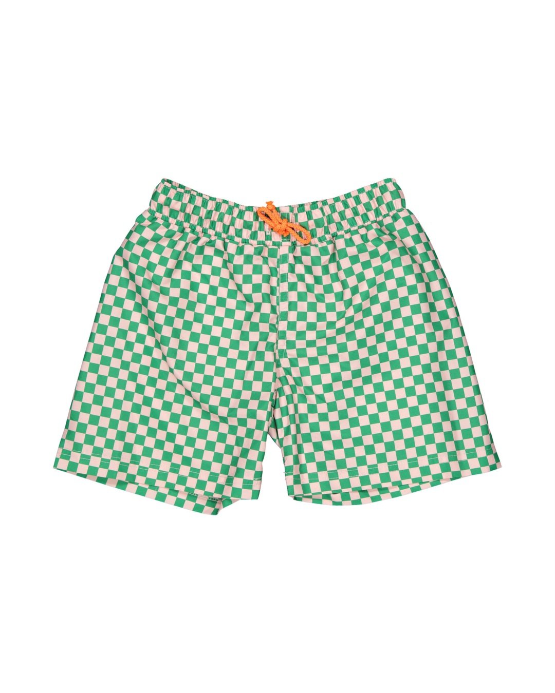 Calções com padrão de quadrados verdes e brancos e cordão laranja