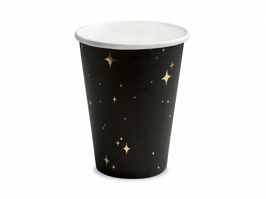 Copo de papel preto com estrelas douradas
