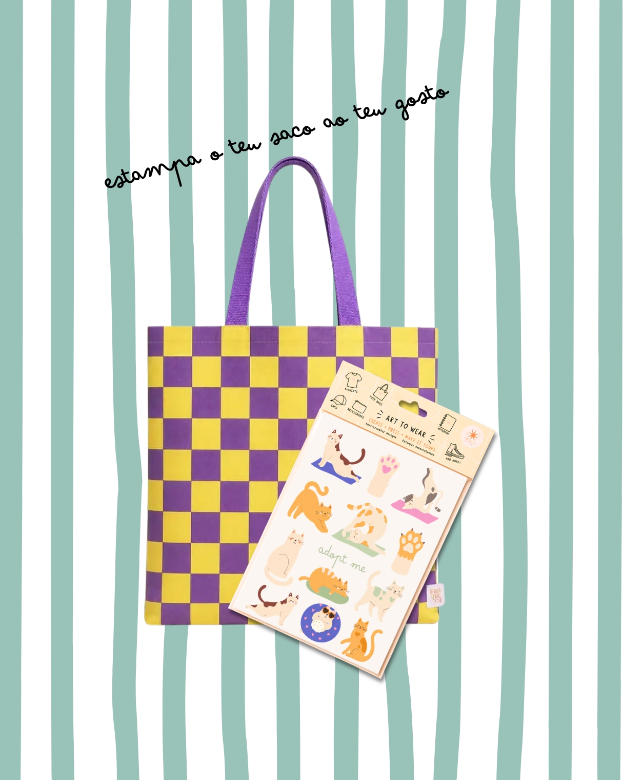 Tote bag xadrez lilás e amarelo com folhas de autocolantes de gatos