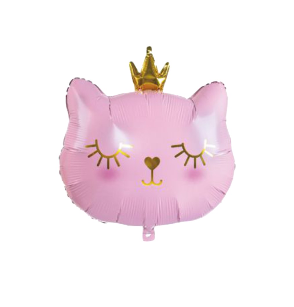 Balão em forma de cabeça de gato cor-de-rosa com coroa dourada