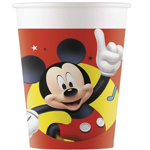 Copo descartável com estampa do Mickey Mouse em fundo vermelho e amarelo