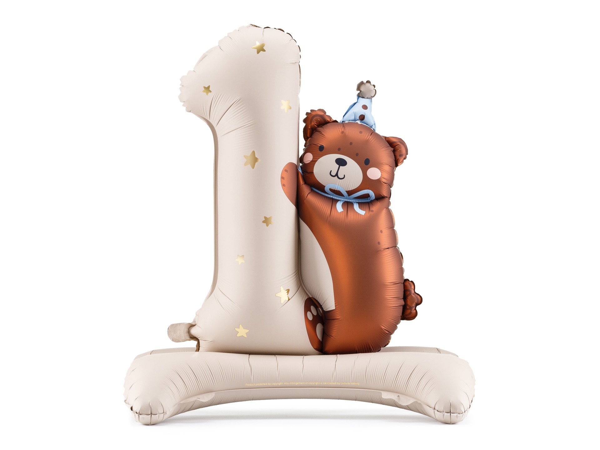 Balão número 1 com urso castanho segurando e base inflável bege