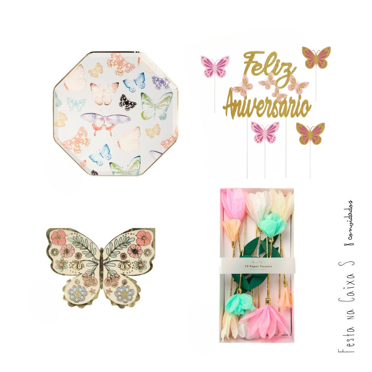 Conjunto de pratos, prendedor e flores decorativos com tema de borboletas coloridas para festa.