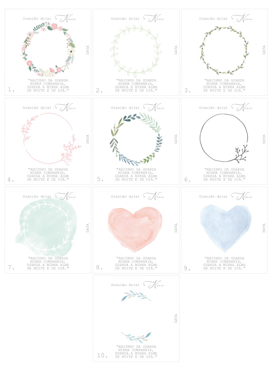 Dez ilustrações aquareladas de ramos florais e corações em tons pastel com texto em português.