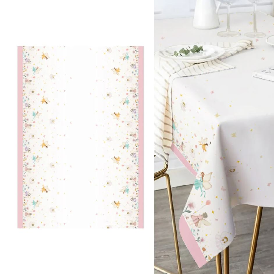 Toalha de mesa branca com fadas coloridas e estrelas douradas, borda rosa