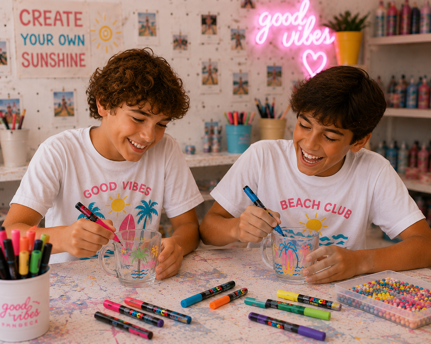 Dois rapazes pintam canecas de vidro com marcadores coloridos sentados numa mesa.