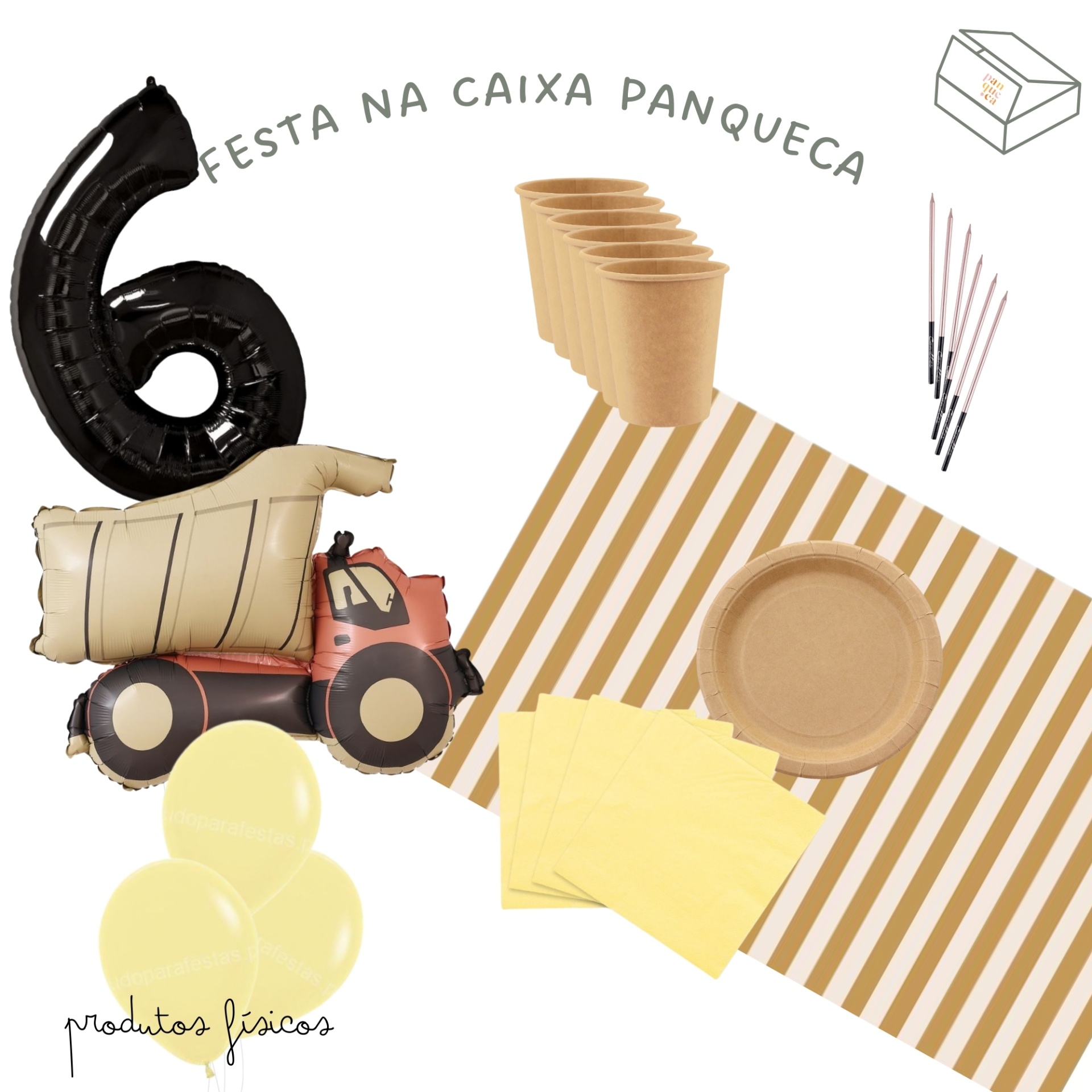 Conjunto de festa infantil com balões, copos, pratos, guardanapos, velas e toalha decorada