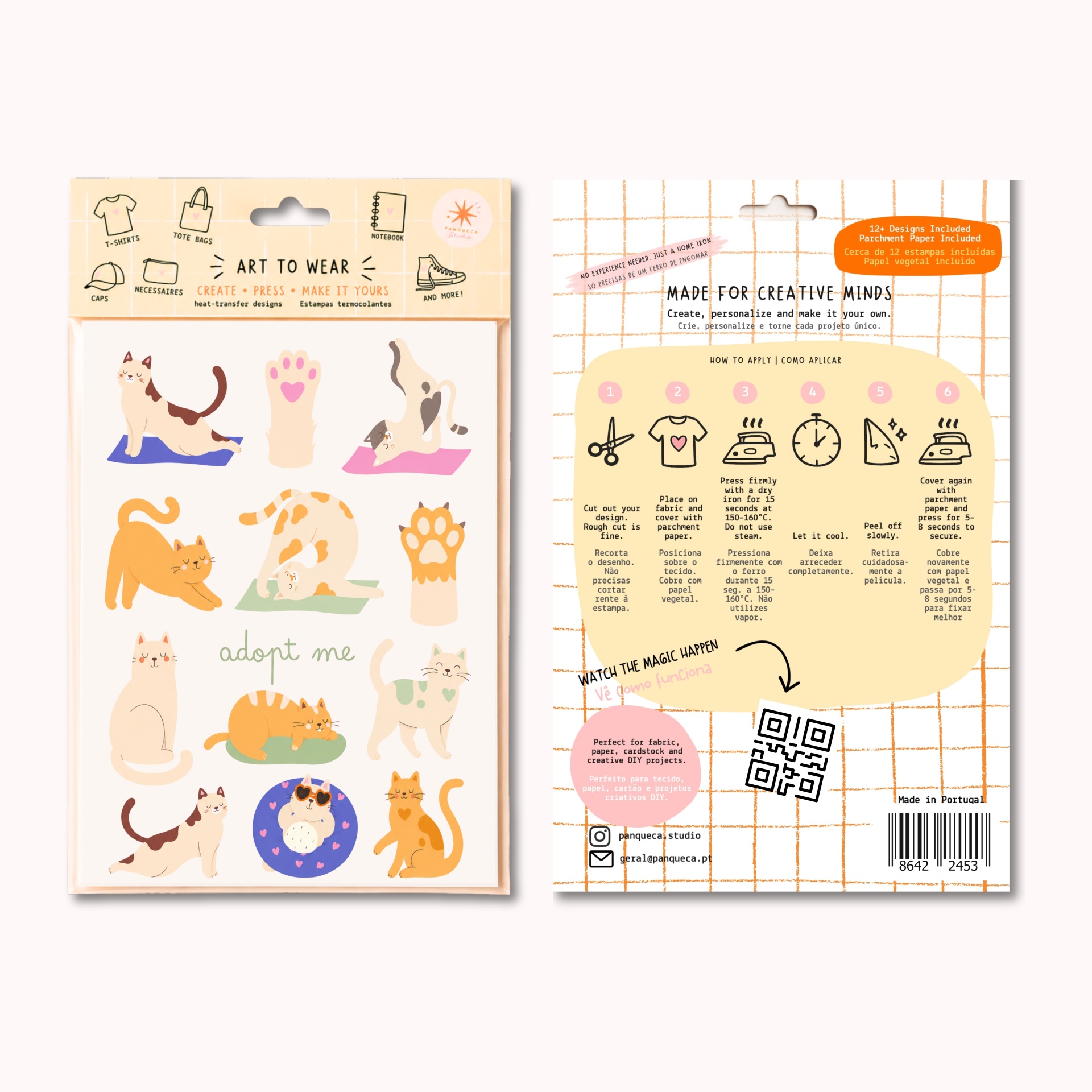 Pacote de estampas termocolantes com desenhos de gatos e instruções no verso.