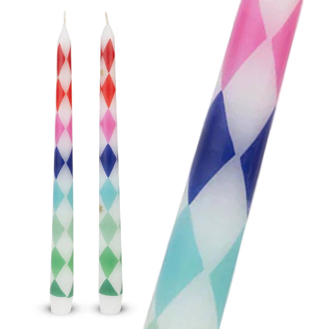 Velas finas com padrão colorido de losangos