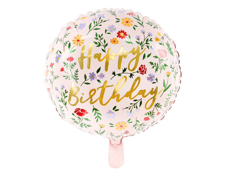 Balão redondo rosa claro com flores e texto dourado Happy Birthday
