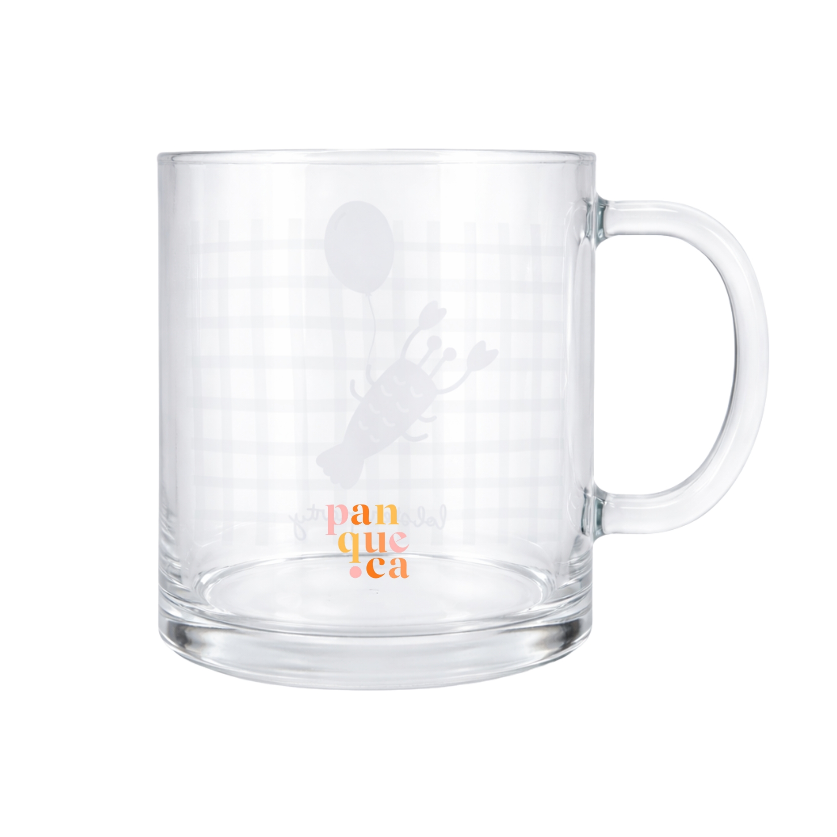 Caneca de vidro transparente com desenho de lagosta e texto colorido