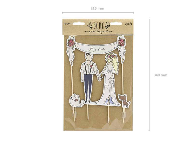 Topo de bolo de casamento em papel com noivo, noiva, gato, pássaro e flores