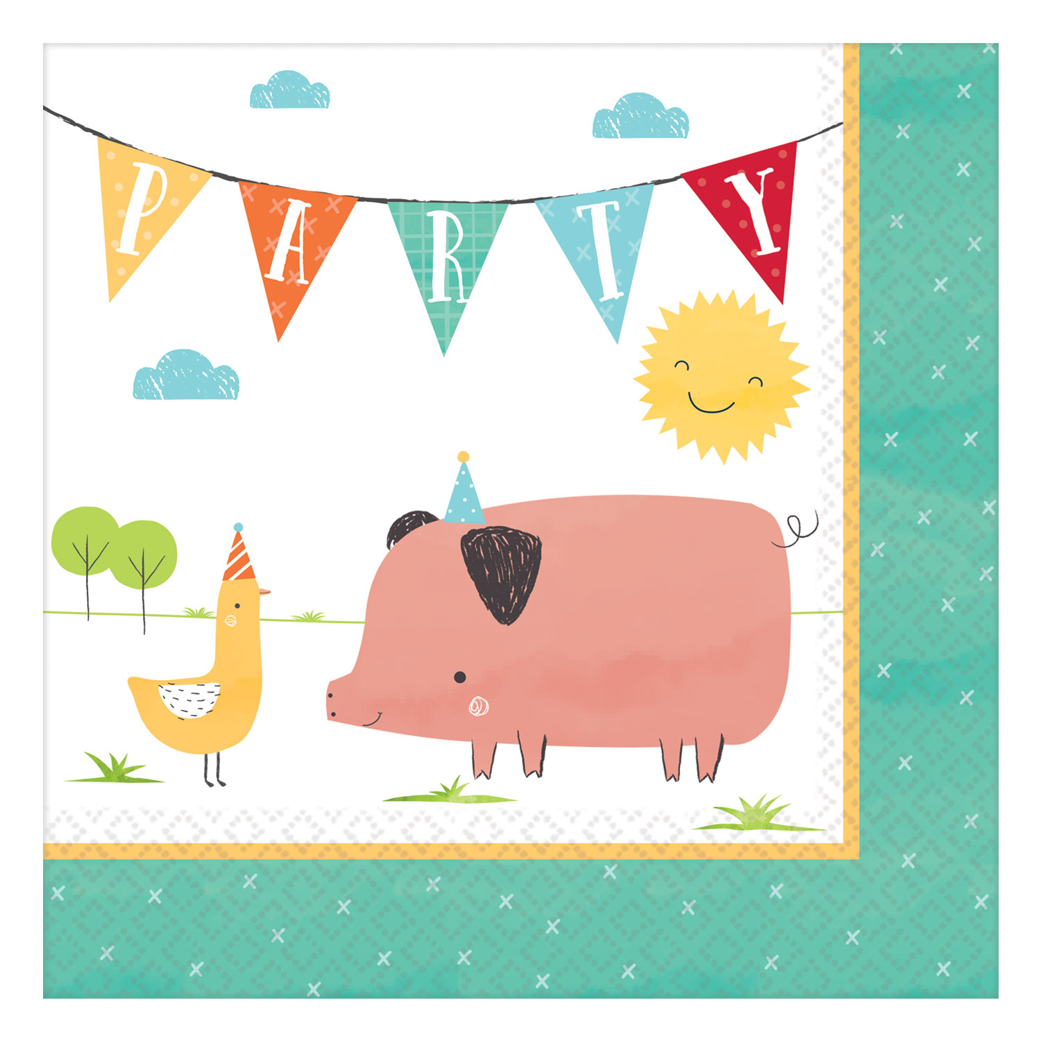 Toalhete de papel com ilustração de porco, pato e bandeirolas de festa