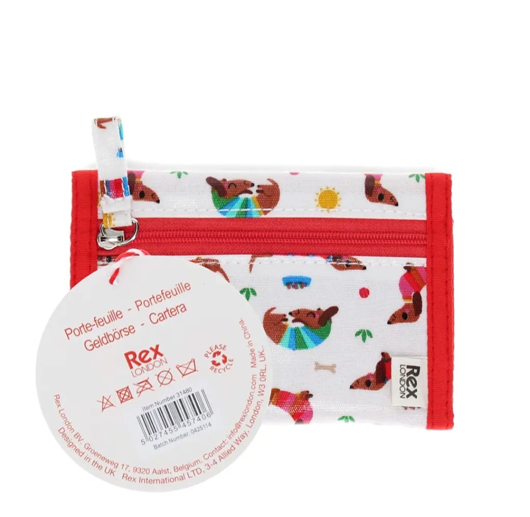 Carteira Rex London branca com padrão de cães coloridos e fecho de correr vermelho