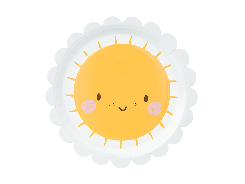 Prato infantil decorado com sol sorridente e borda branca ondulada