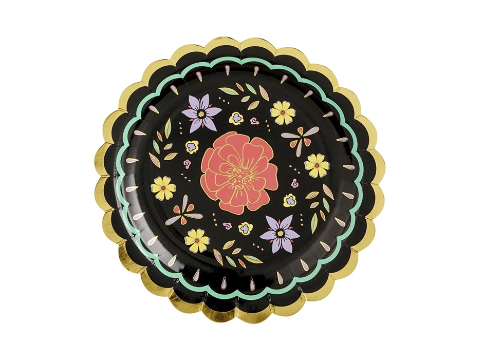 Prato descartável redondo com decoração floral colorida e borda dourada