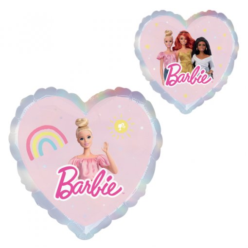 Dois balões cor de rosa em forma de coração com imagens da Barbie e texto 'Barbie'