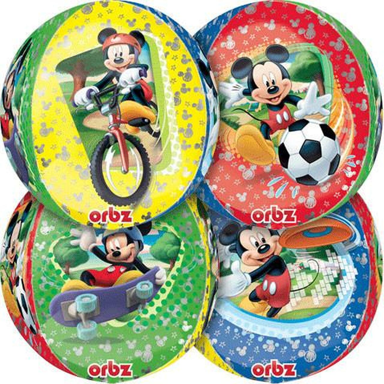 Quatro bolas coloridas com imagens do Mickey Mouse em diferentes desportos