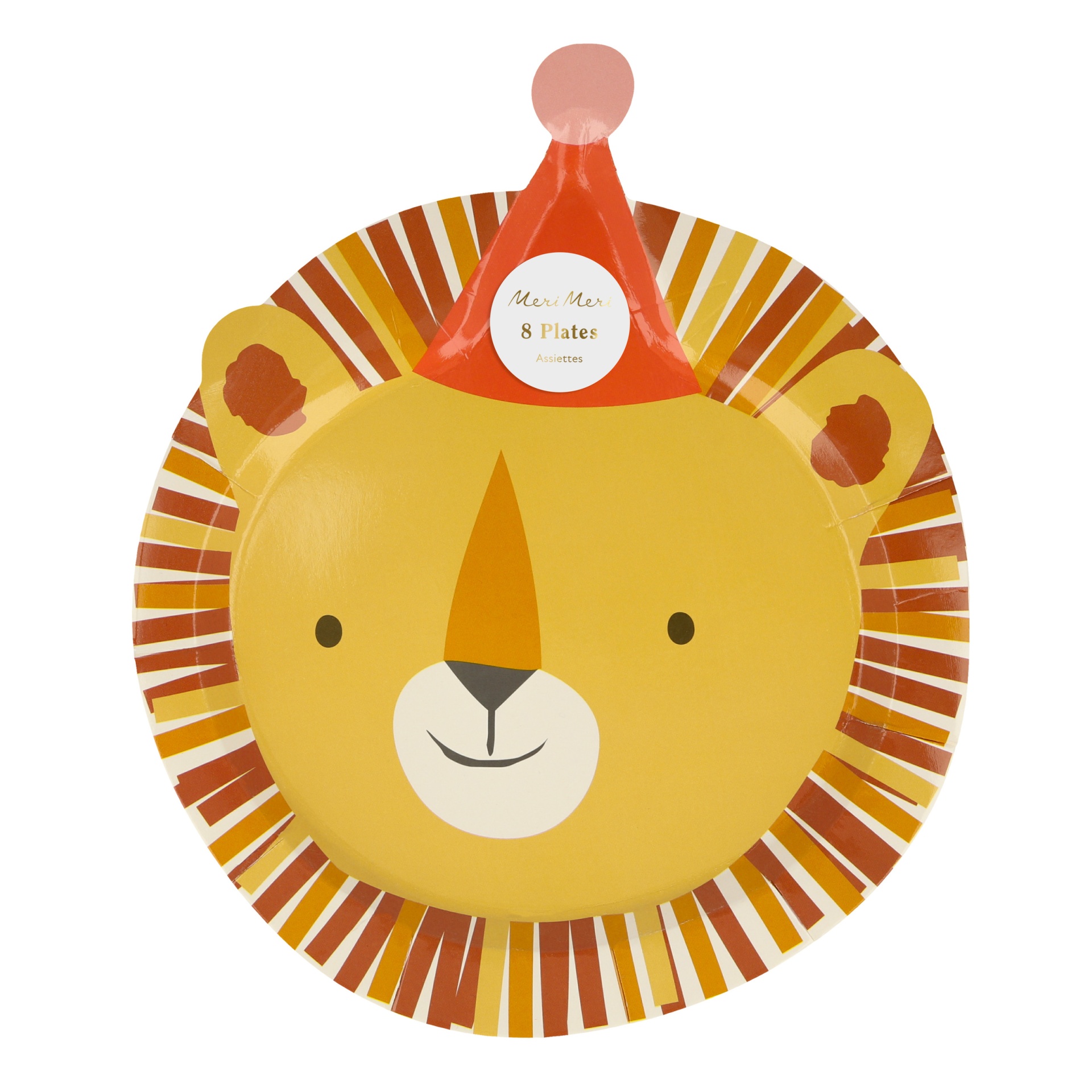 Pratos de papel amarelos com design de leão e chapéu festivo vermelho