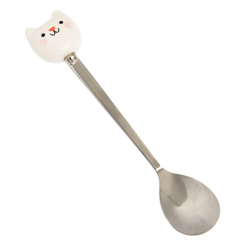 Colher metálica com cabo decorado com cabeça de gato em cerâmica branca