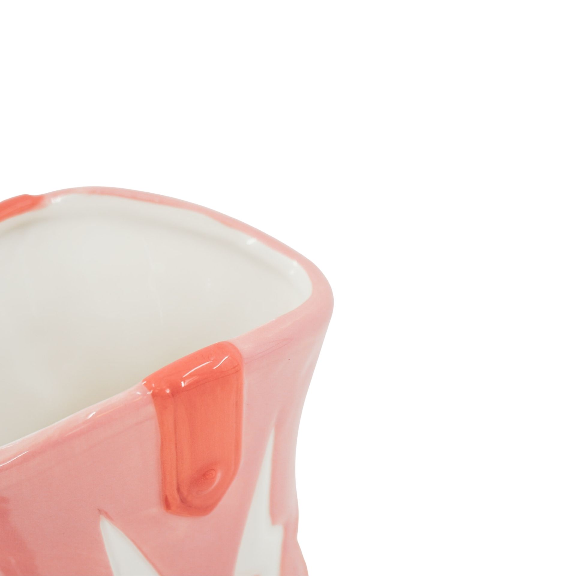 Jarro quadrado cerâmico branco e rosa com acabamento esmaltado