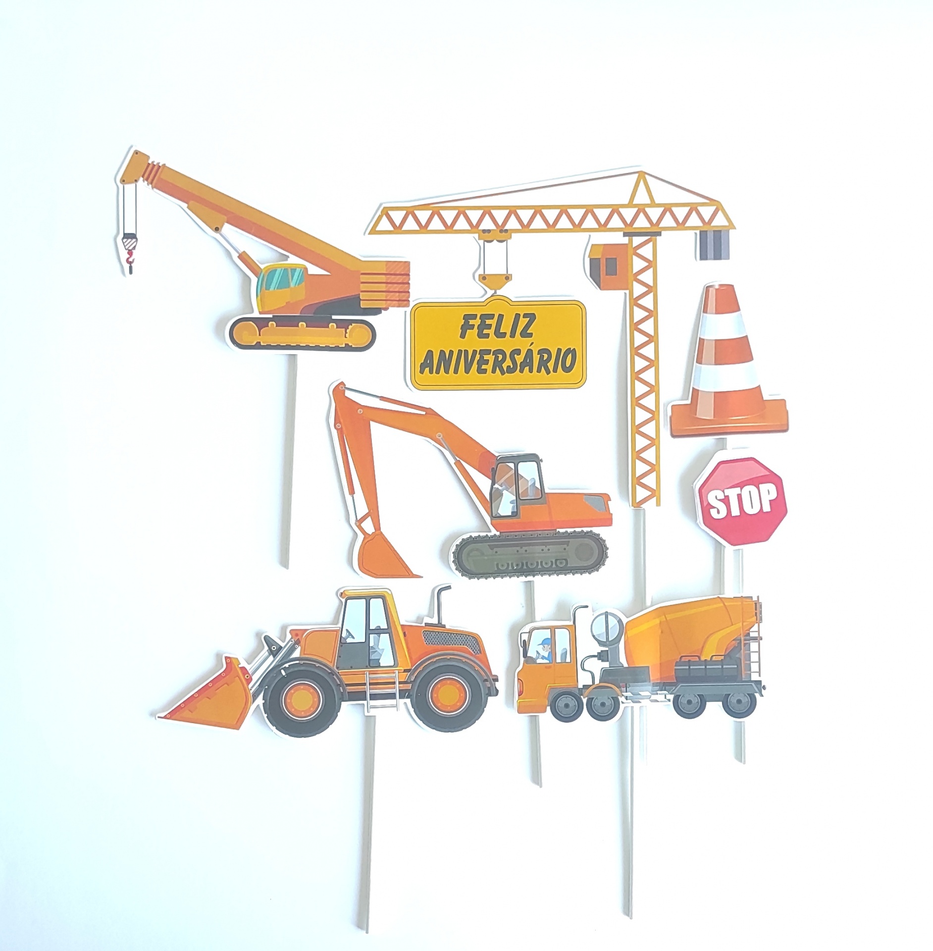 Toppers de bolo com tema de construção e texto FELIZ ANIVERSÁRIO e placa STOP