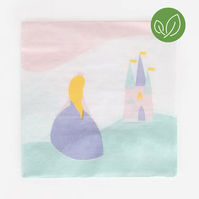 Guardanapo de papel com ilustração de princesa e castelo em tons pastel