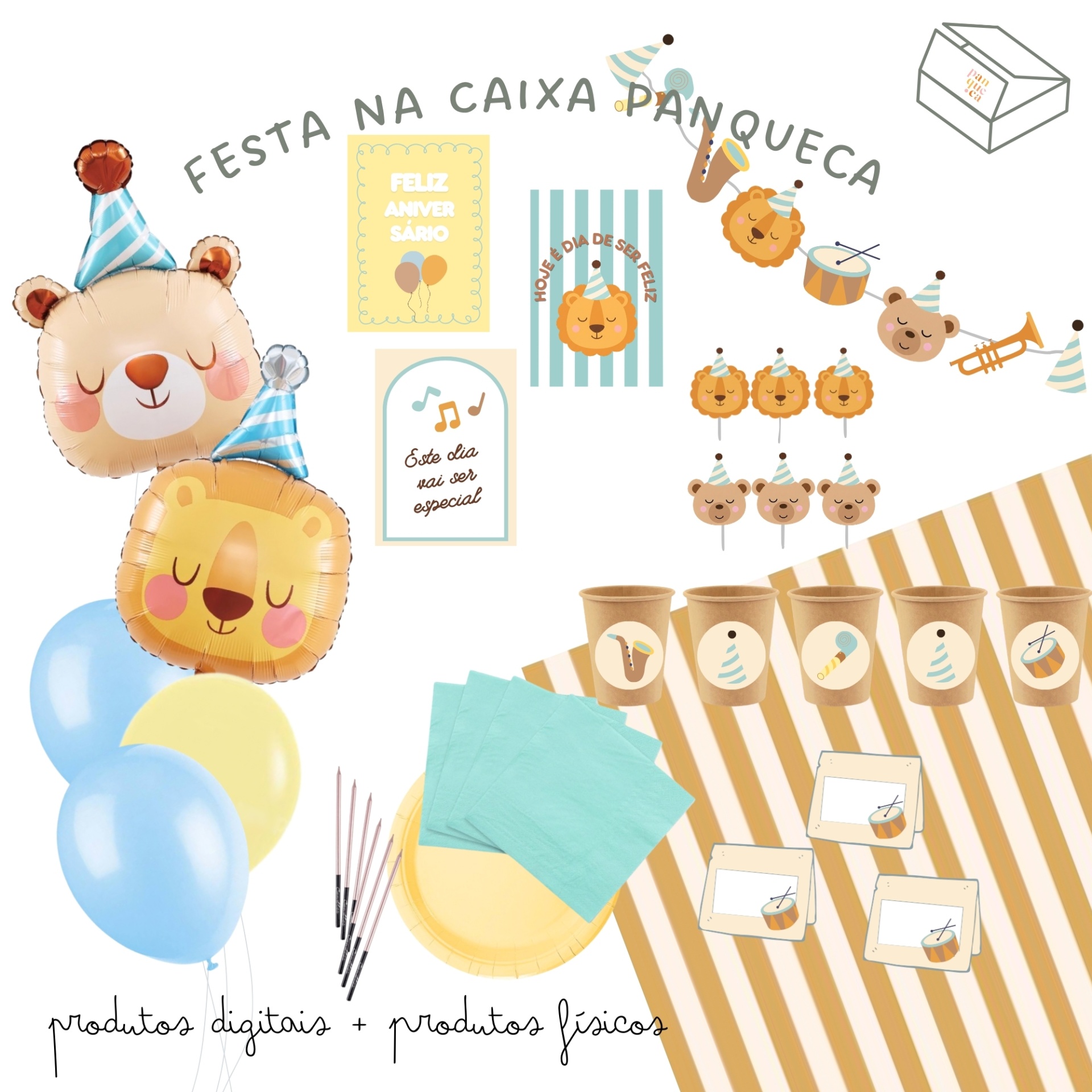Kit festa infantil com balões de urso e leão, copos com instrumentos musicais, pratos e guardanapos, etiquetas, cartazes com textos para aniversário
