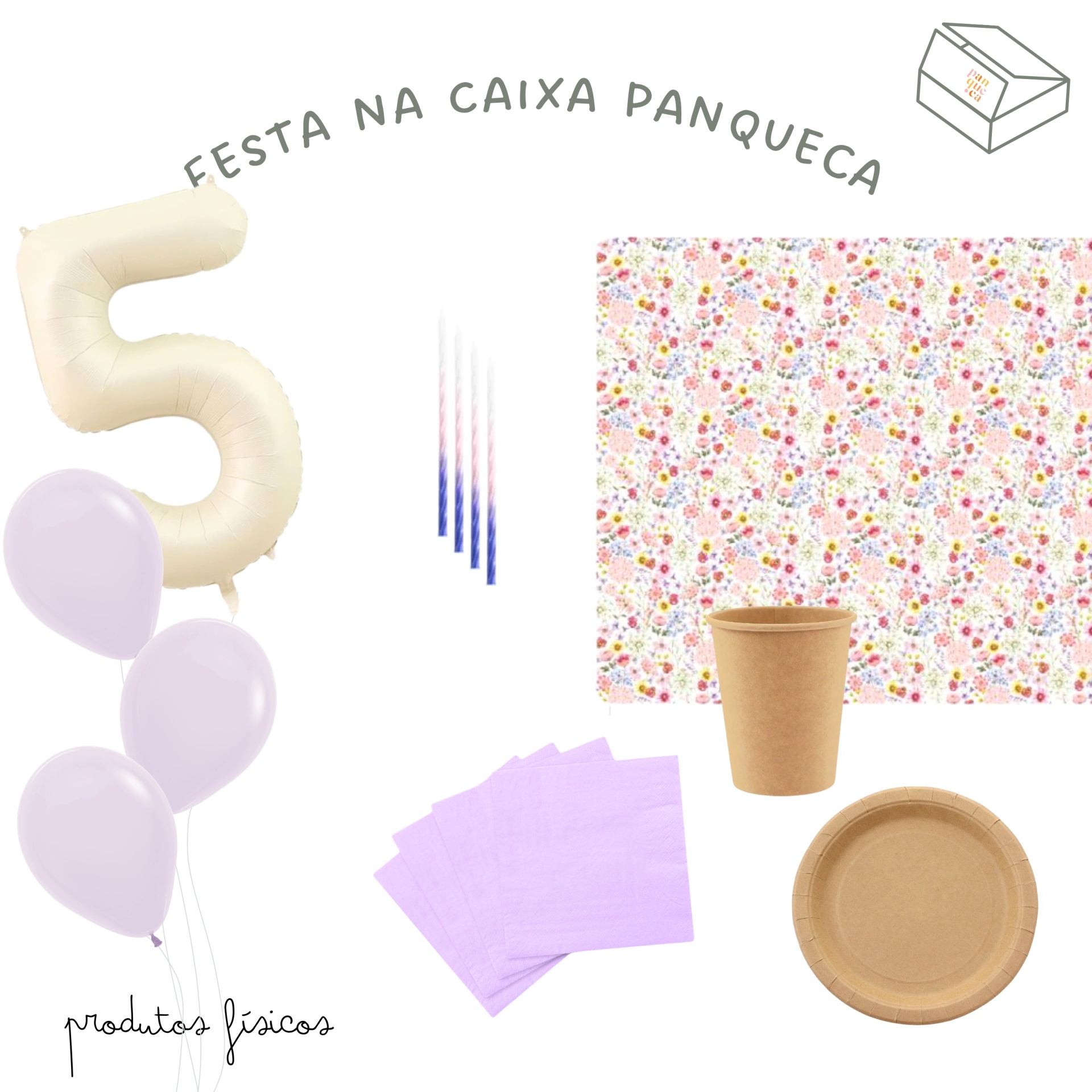 Conjunto de artigos para festa com balões, velas, guardanapos, pratos, copos e pano floral