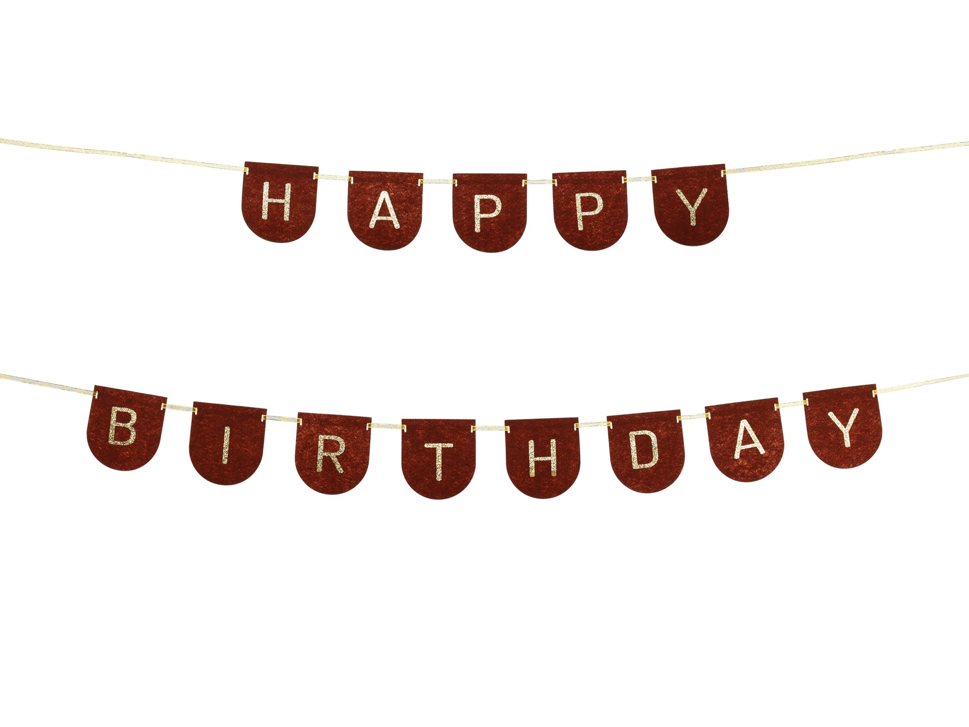 Decoração de festa com palavras HAPPY BIRTHDAY em tecido castanho e letras brancas