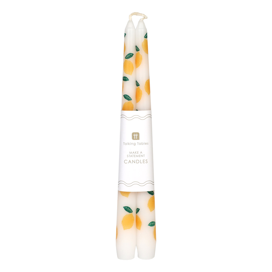 Par de velas decorativas com padrão de limões e embalagem com texto