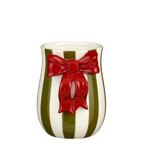 Vaso cerâmico com riscas verdes e brancas e laço vermelho grande