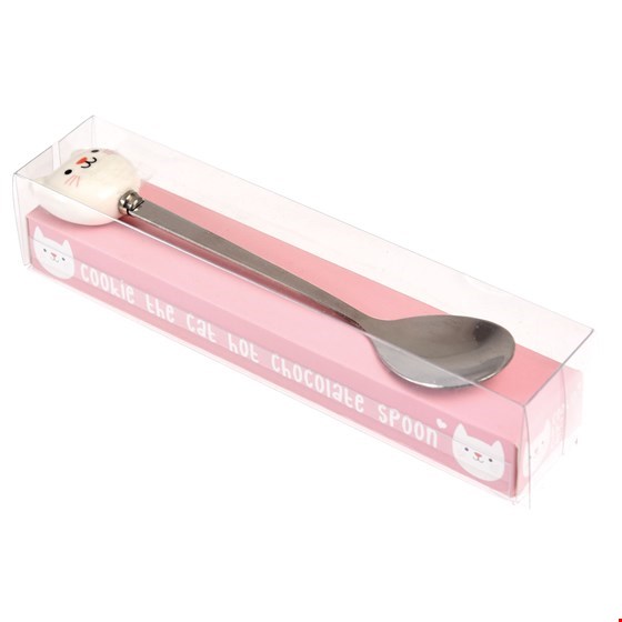 Colher de metal com cabo decorado com figura de gato embalada em caixa transparente rosa