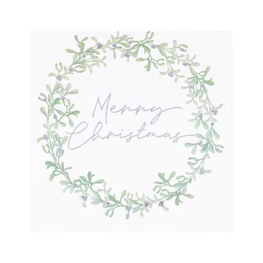 Cartão com padrão de ramos verdes e texto 'Merry Christmas' no centro