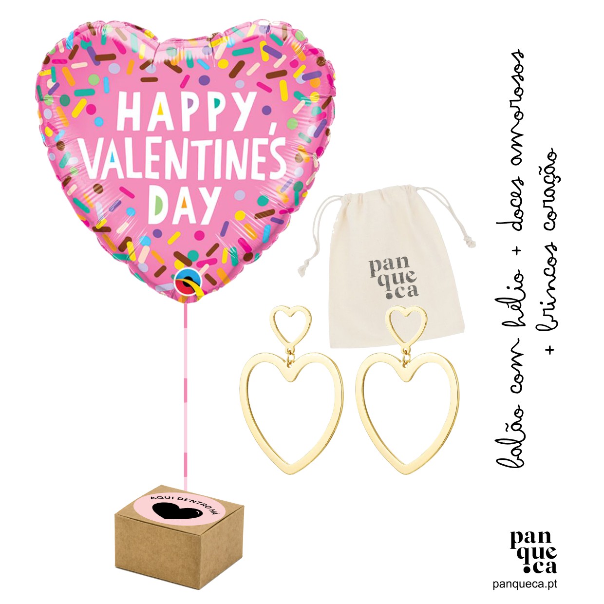 Balão cor-de-rosa em forma de coração com texto HAPPY VALENTINES DAY e brincos dourados em forma de coração