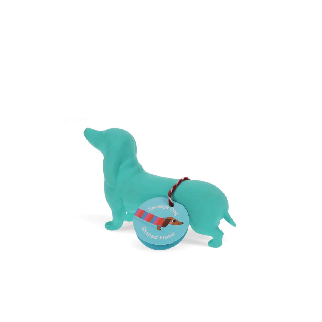 Borracha azul em forma de cão dachshund com etiqueta