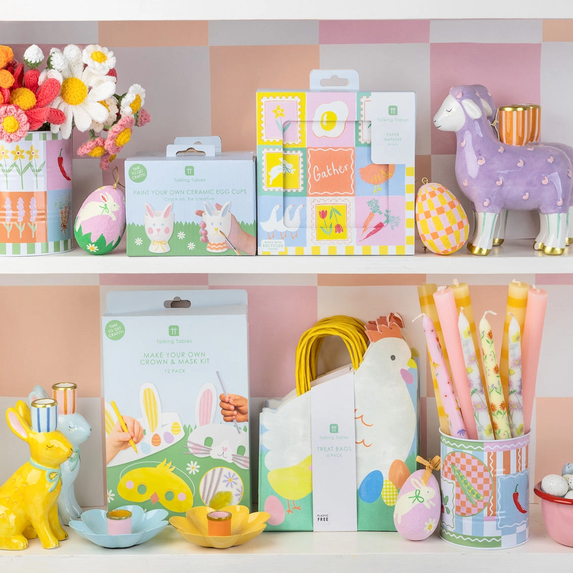 Kits de artesanato de Páscoa e decoração em prateleira com coelhos, lhama e velas coloridas