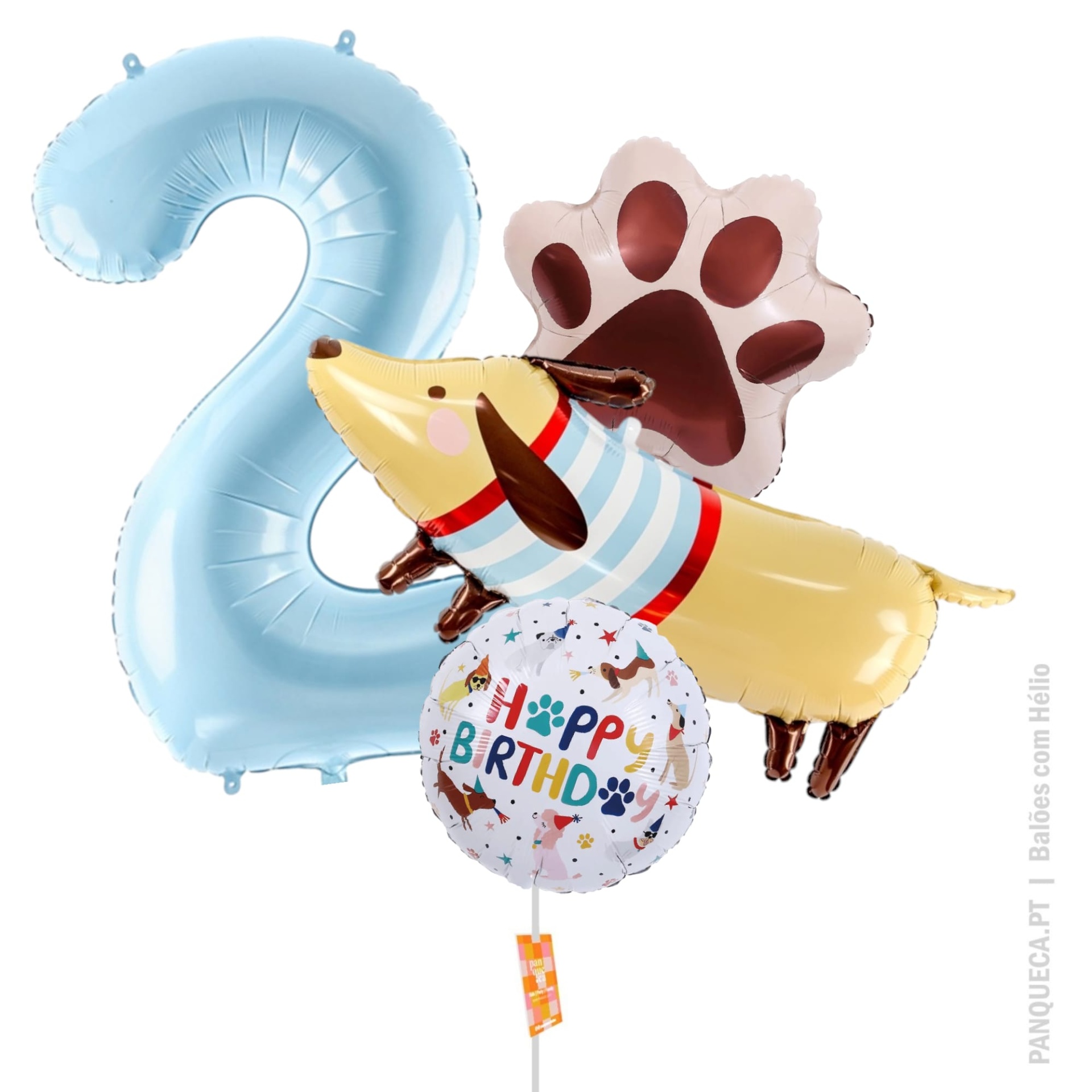 Balões de festa coloridos em formas de número 2, pata de cão, cão vestido e 'Happy Birthday'.