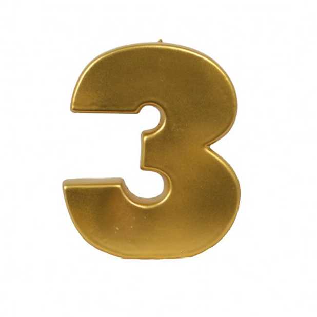 Número 3 dourado metálico sobre fundo branco