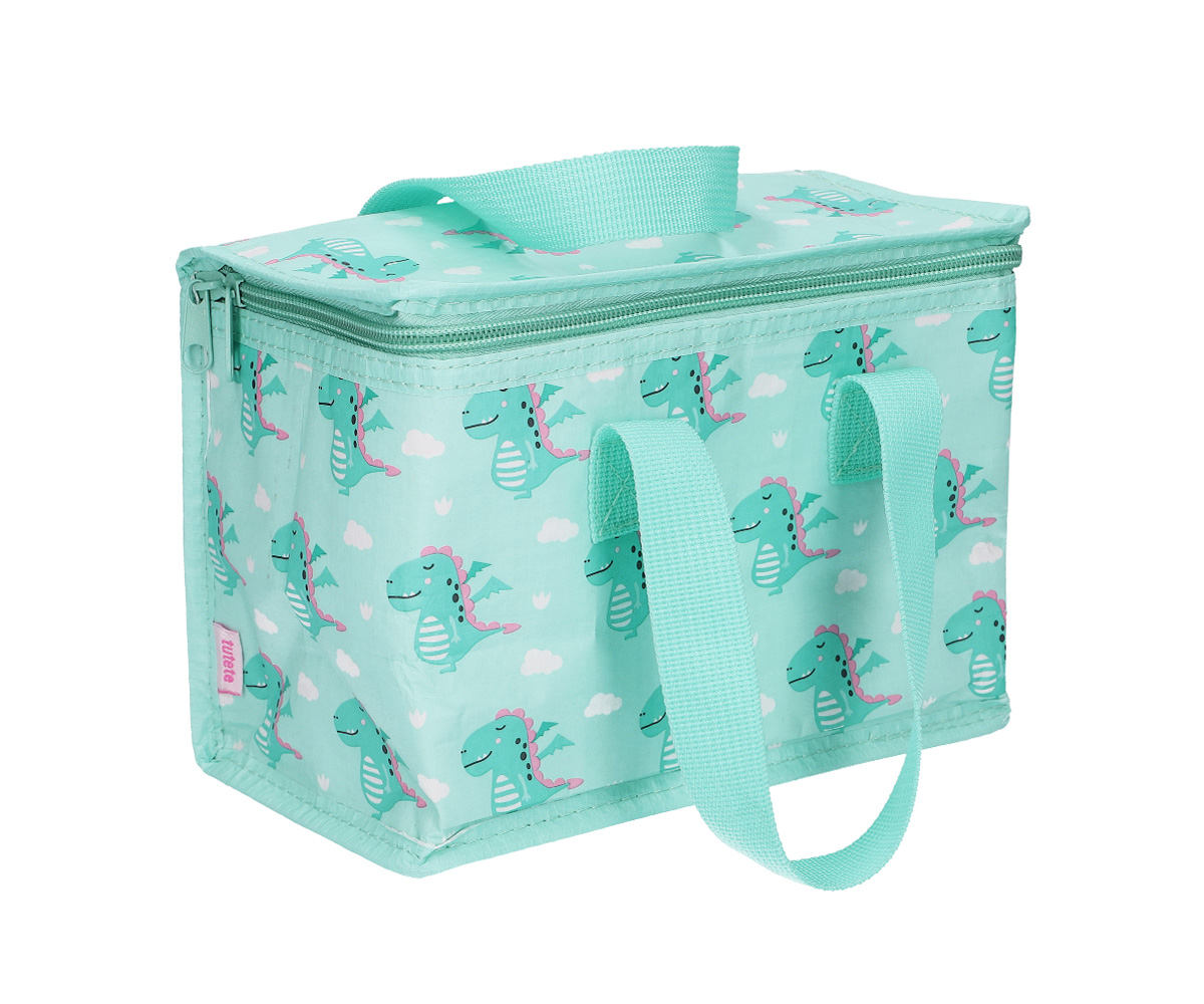 Bolsa térmica azul com padrão de dinossauros cor-de-rosa e branco